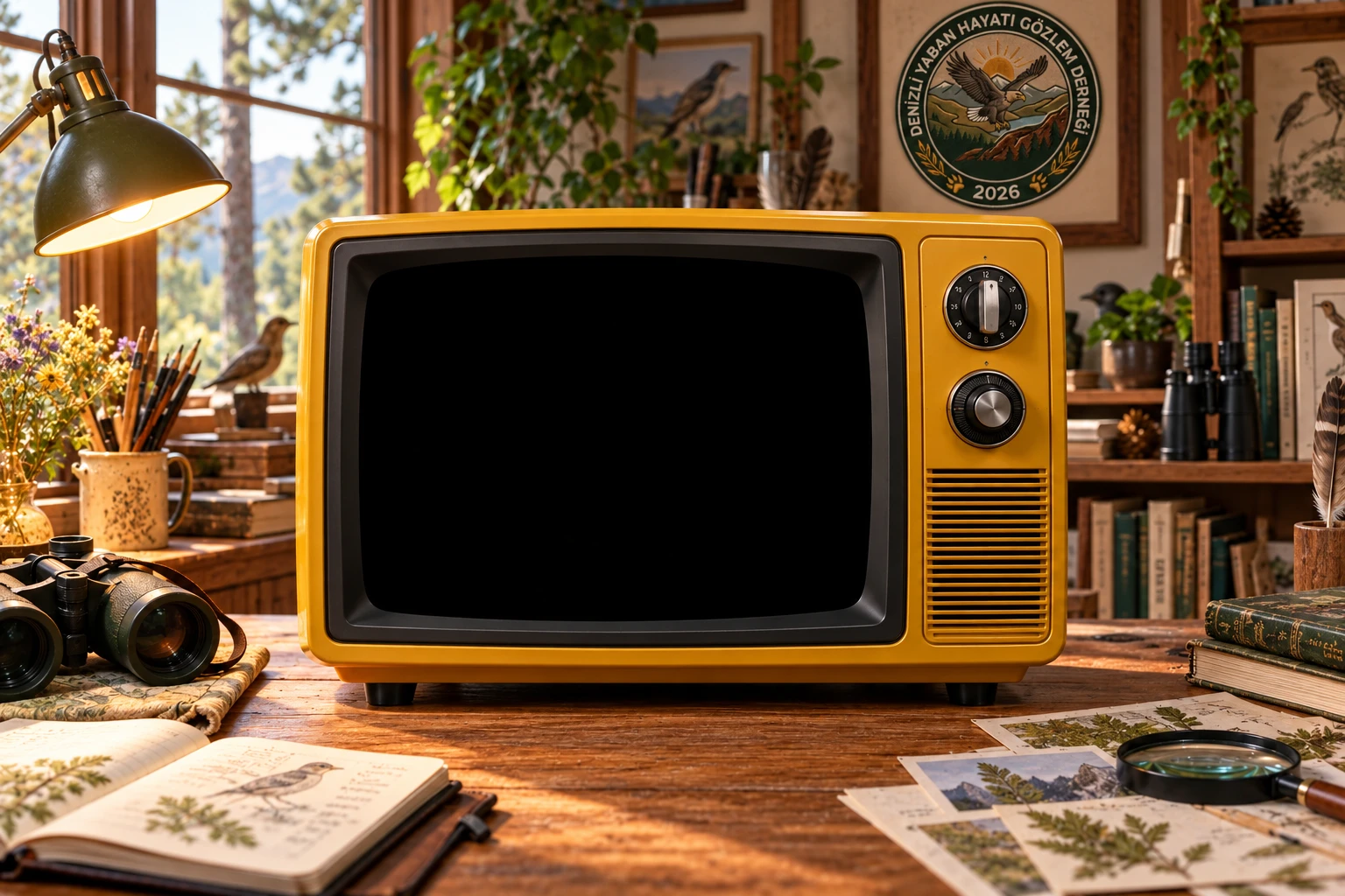 Duvarda dernek logosunun asılı olduğu dernek odasında retro televizyon
